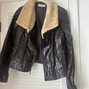 Laundry By Shelli Segal Dark Brown Leather Jacket with Cream Shearling Collar